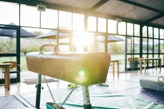 Pommel horse in a bright gym hall with sunlight in the background.