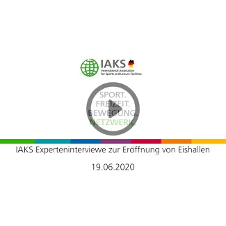 White background, IAKS logo, Caption IAKS Expertinterview about ice rinks